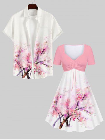 Watercolor Peach Blossom Print Cinched Dress and Buttons Pocket Shirt Plus Size Matching Hawaii Beach Outfit for Couples