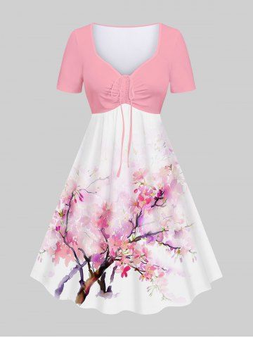 Hawaii Plus Size Watercolor Peach Blossom Print Cinched A Line Dress - LIGHT PINK - M