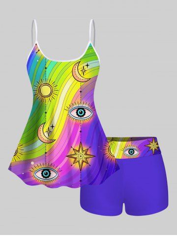 Fashion Sun Moon Star Eye Ombre Striped Print Boyleg Tankini Swimsuit (Adjustable Shoulder Strap) - MULTI-A - 2X
