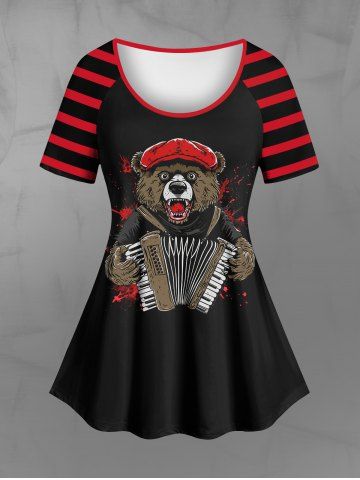 Gothic Striped Raglan Sleeves Bear Accordion Print T-shirt - BLACK - XS