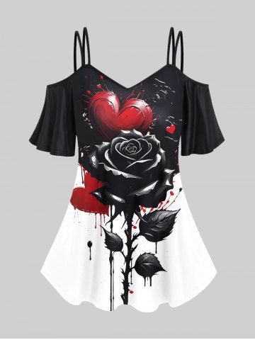 Plus Size Paint Dripping Rose Flower Colorblock Print Cold Shoulder T-shirt