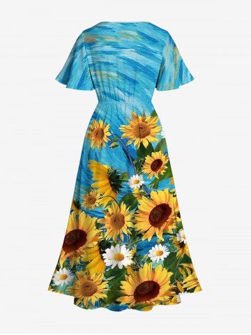 Sunflower Daisy Painting Print Split Pocket Dress and Button Shirt Plus Size Matching Hawaii Beach Outfit for Couples