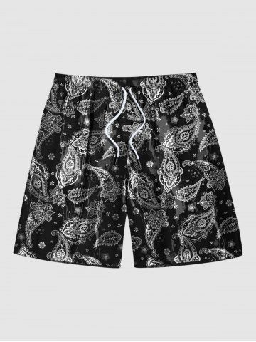 Hawaii Men's Paisley Cashew Flowers Print Drawstring Shorts - BLACK - M