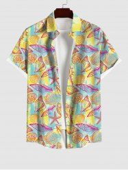 Hawaii Plus Size Shell Conch Starfish Colorblock Print Buttons Pocket Shirt For Men - Jaune L