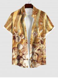Hawaii Plus Size Beach Shell Starfish Conch Glitter 3D Print Buttons Pocket Shirt For Men - café 2XL