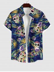 Hawaii Plus Size Turn-down Collar Skulls Coconut Tree Leaf Flower Print Button Pocket Shirt For Men - Bleu profond M