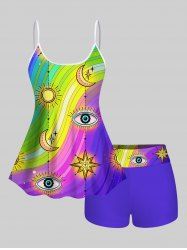 Fashion Sun Moon Star Eye Ombre Striped Print Boyleg Tankini Swimsuit (Adjustable Shoulder Strap) -  