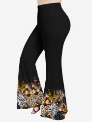 Pantalon Evasé Géométrique Léopard et Banane Imprimés de Grande Taille à Pois - Noir 1X