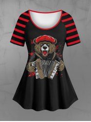 Gothic Striped Raglan Sleeves Bear Accordion Print T-shirt -  
