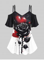 Plus Size Paint Dripping Rose Flower Colorblock Print Cold Shoulder T-shirt -  