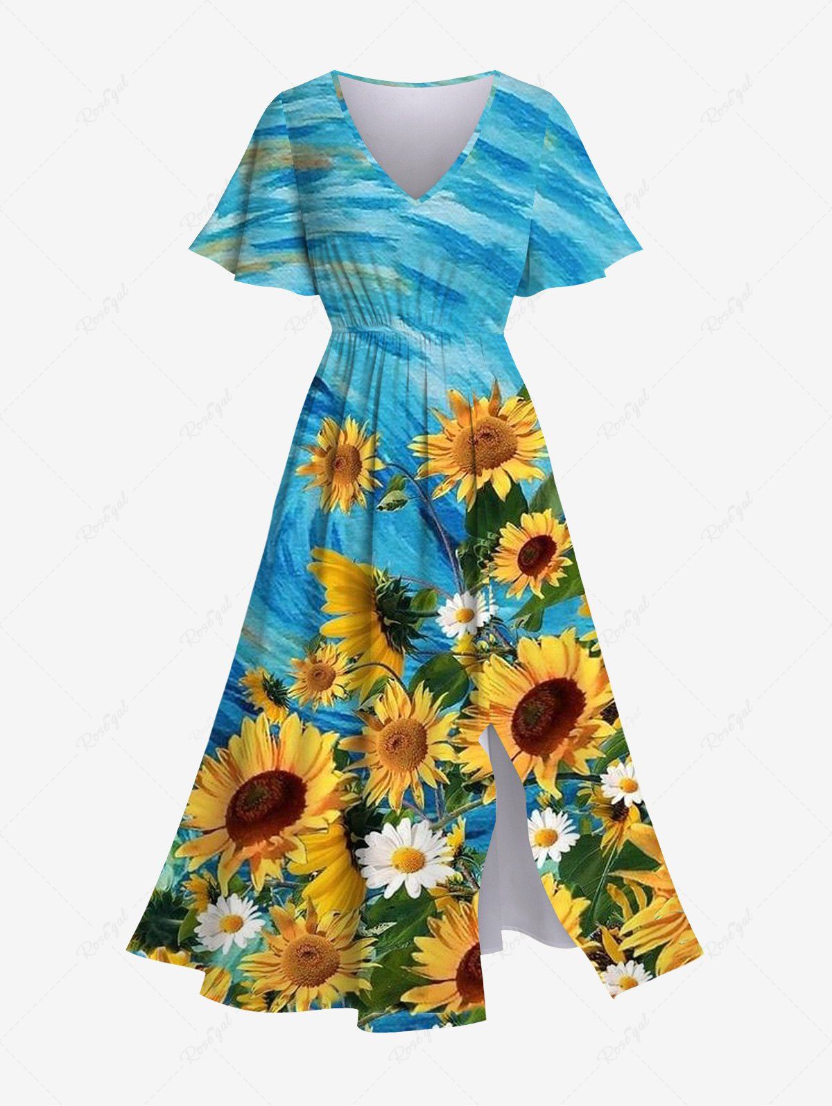 New Hawaii Plus Size Sunflower Daisy Painting Print Split Pocket A Line Dress  