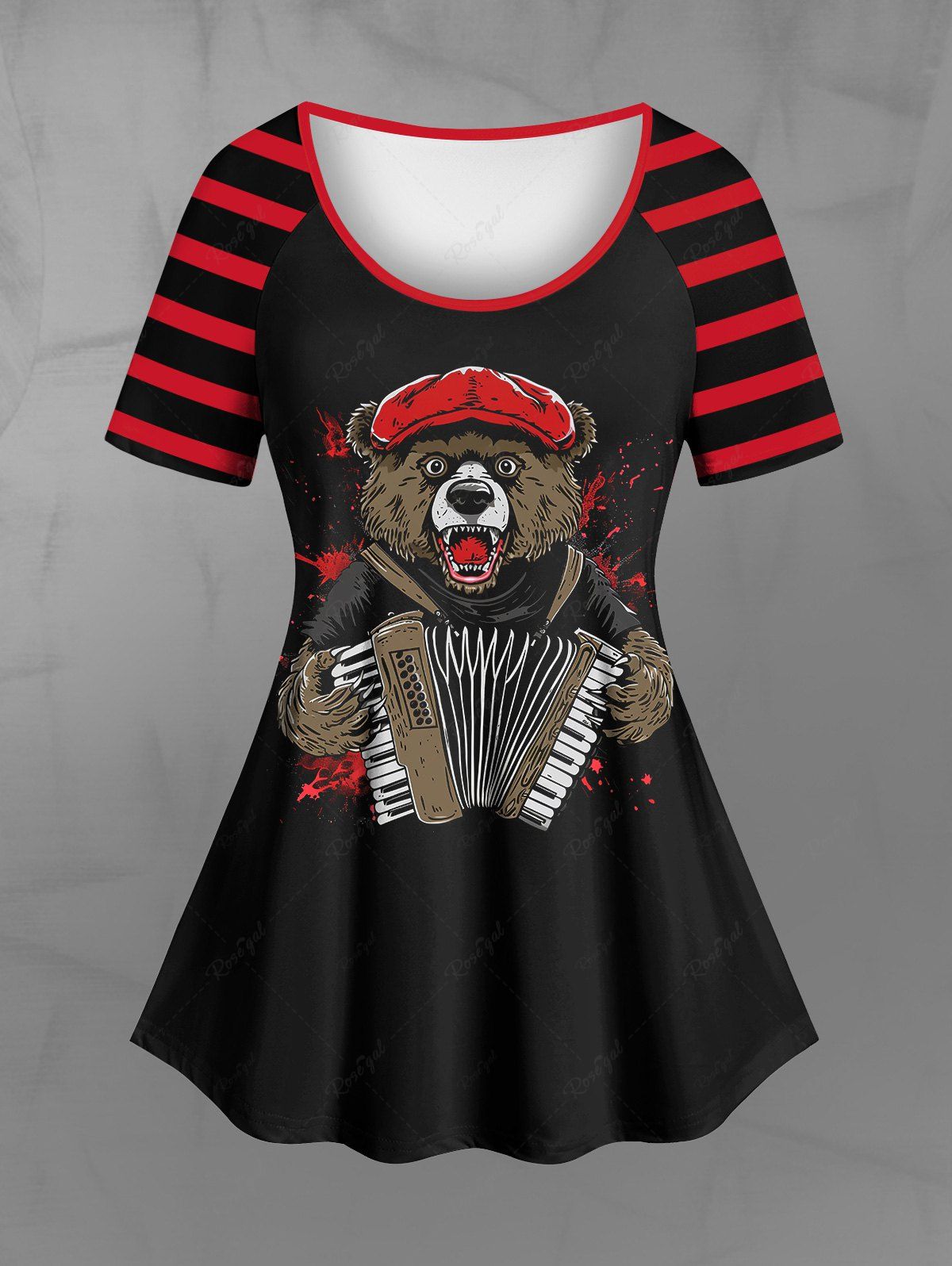 Store Gothic Striped Raglan Sleeves Bear Accordion Print T-shirt  