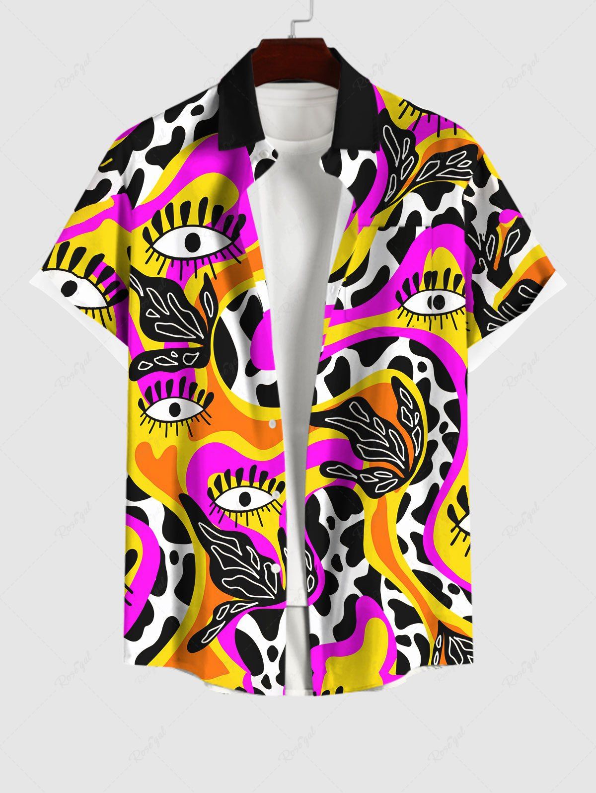 Fashion Hawaii Plus Size Colorful Eye Striped Dalmatian Dot Snake Leaf Print Button Pocket Shirt For Men  