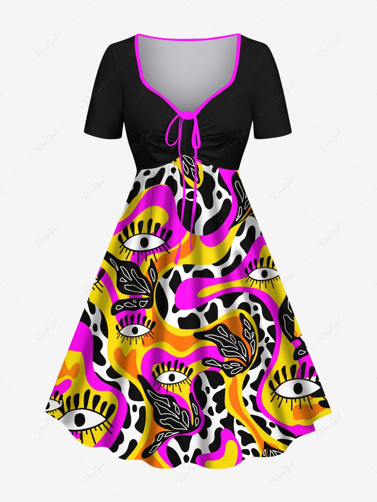 Store Hawaii Plus Size Eye Striped Dalmatian Dot Snake Leaf Print Cinched A Line Dress  
