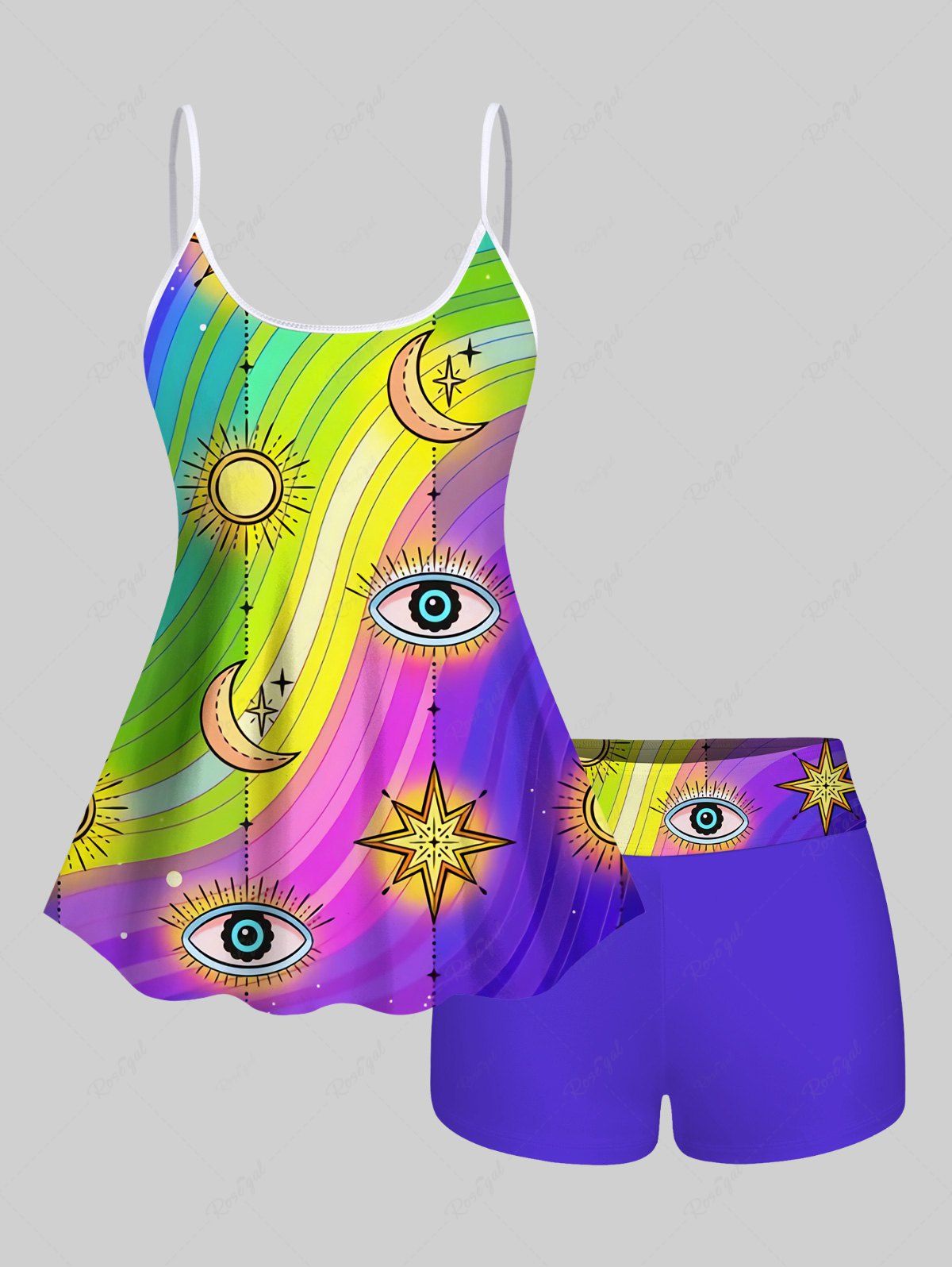 Outfit Fashion Sun Moon Star Eye Ombre Striped Print Boyleg Tankini Swimsuit (Adjustable Shoulder Strap)  