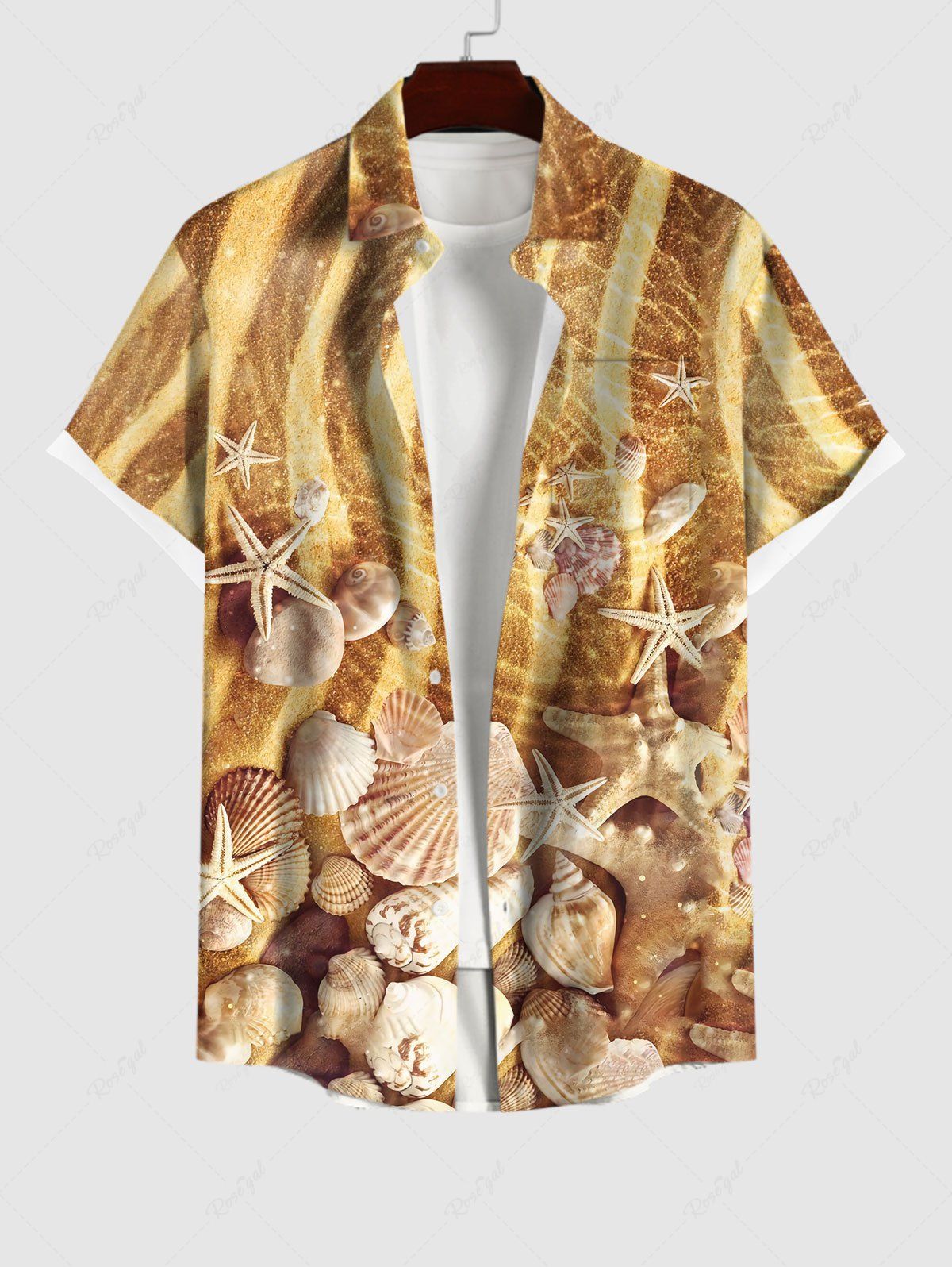 Hawaii Plus Size Beach Shell Starfish Conch Glitter 3D Print Buttons Pocket Shirt For Men café XL