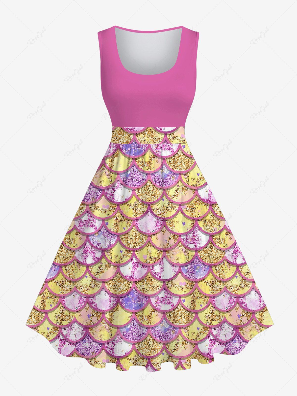 Robe Vintage Brillante 3D Ecaille de Sirène Imprimée de Grande Taille à Paillettes Rose clair 5X