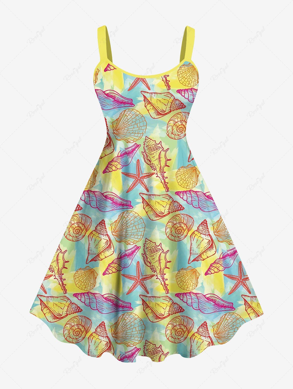 Sale Hawaii Plus Size Shell Conch Starfish Colorblock Print Tank Dress  