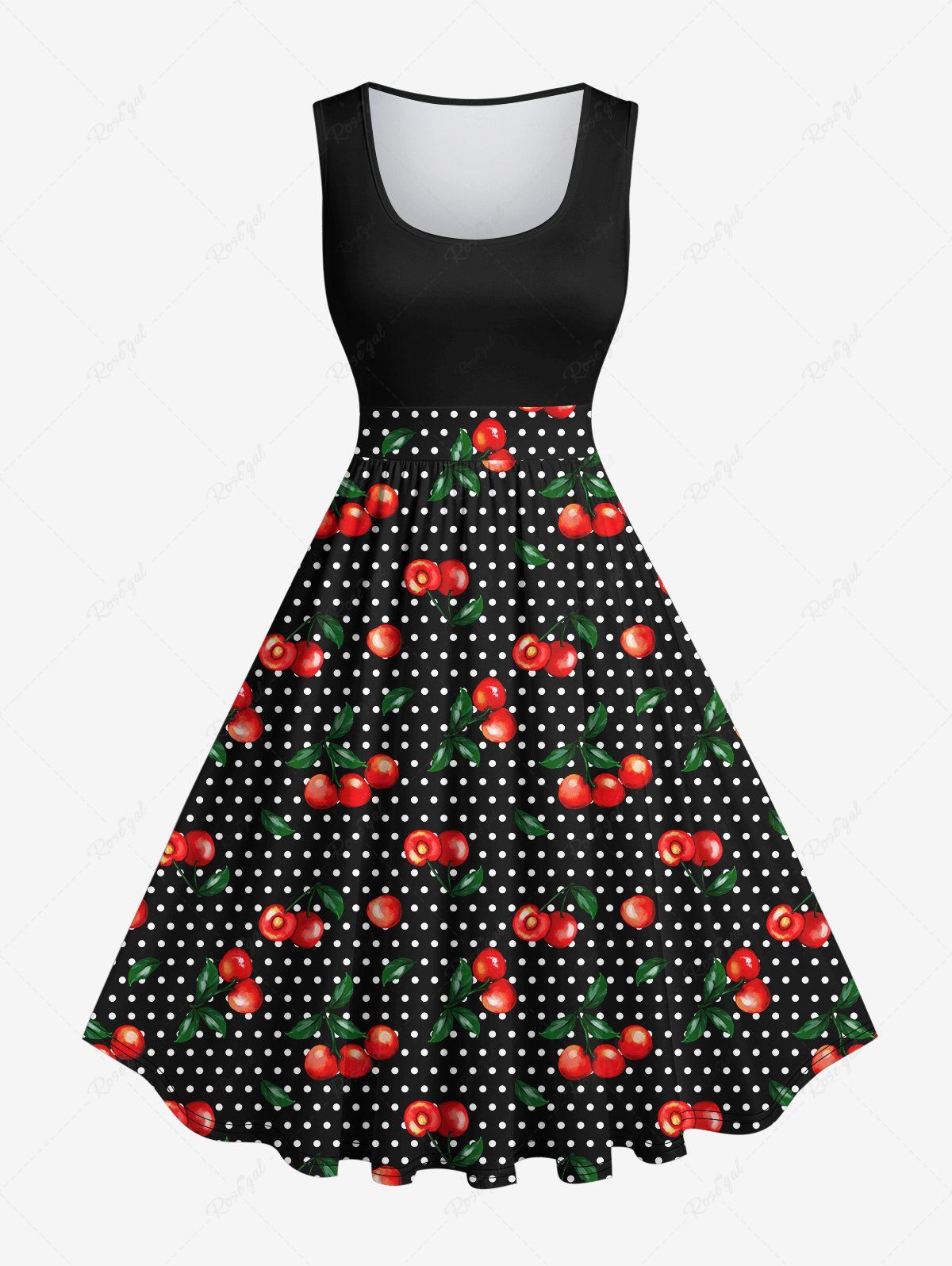 Unique 1950s Plus Size Cherry Polka Dots Print Vintage Swing Dress  