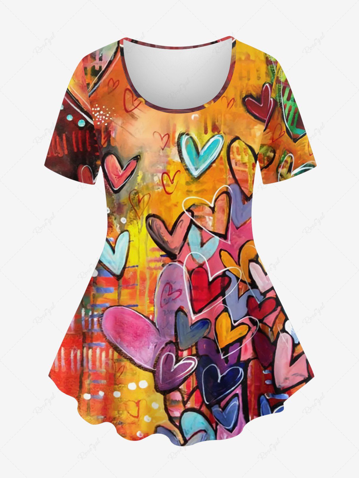 Latest Plus Size Heart Graffiti Colorblock Print T-shirt  