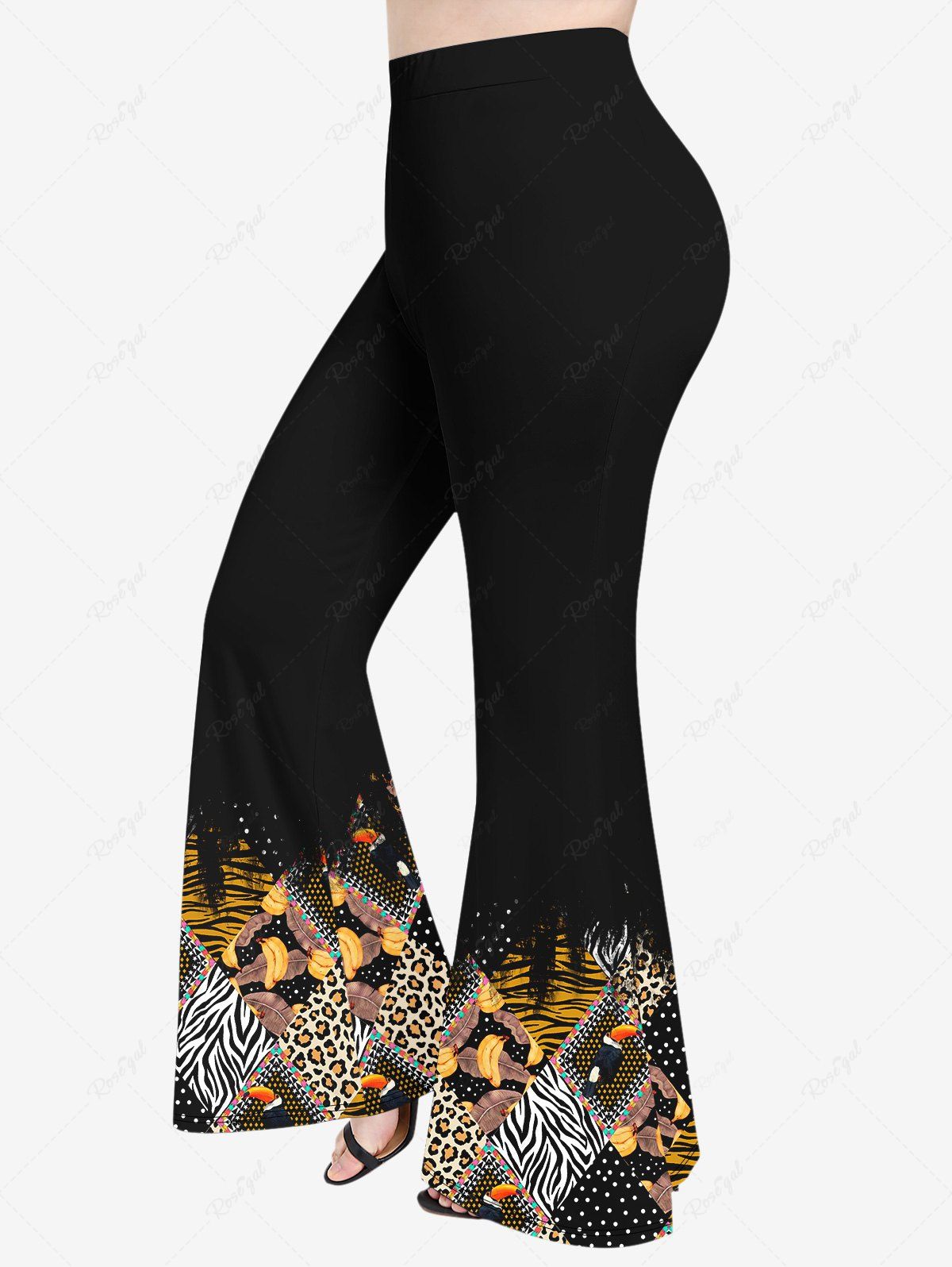 Pantalon Evasé Géométrique Léopard et Banane Imprimés de Grande Taille à Pois Noir 2X