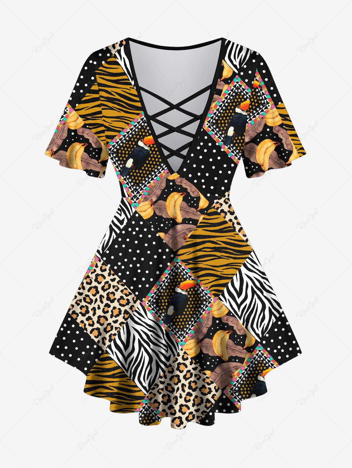 Affordable Plus Size Zebra Striped Leopard Banana Leaf Geometric Plaid Polka Dot Bird Print Lattice Top  