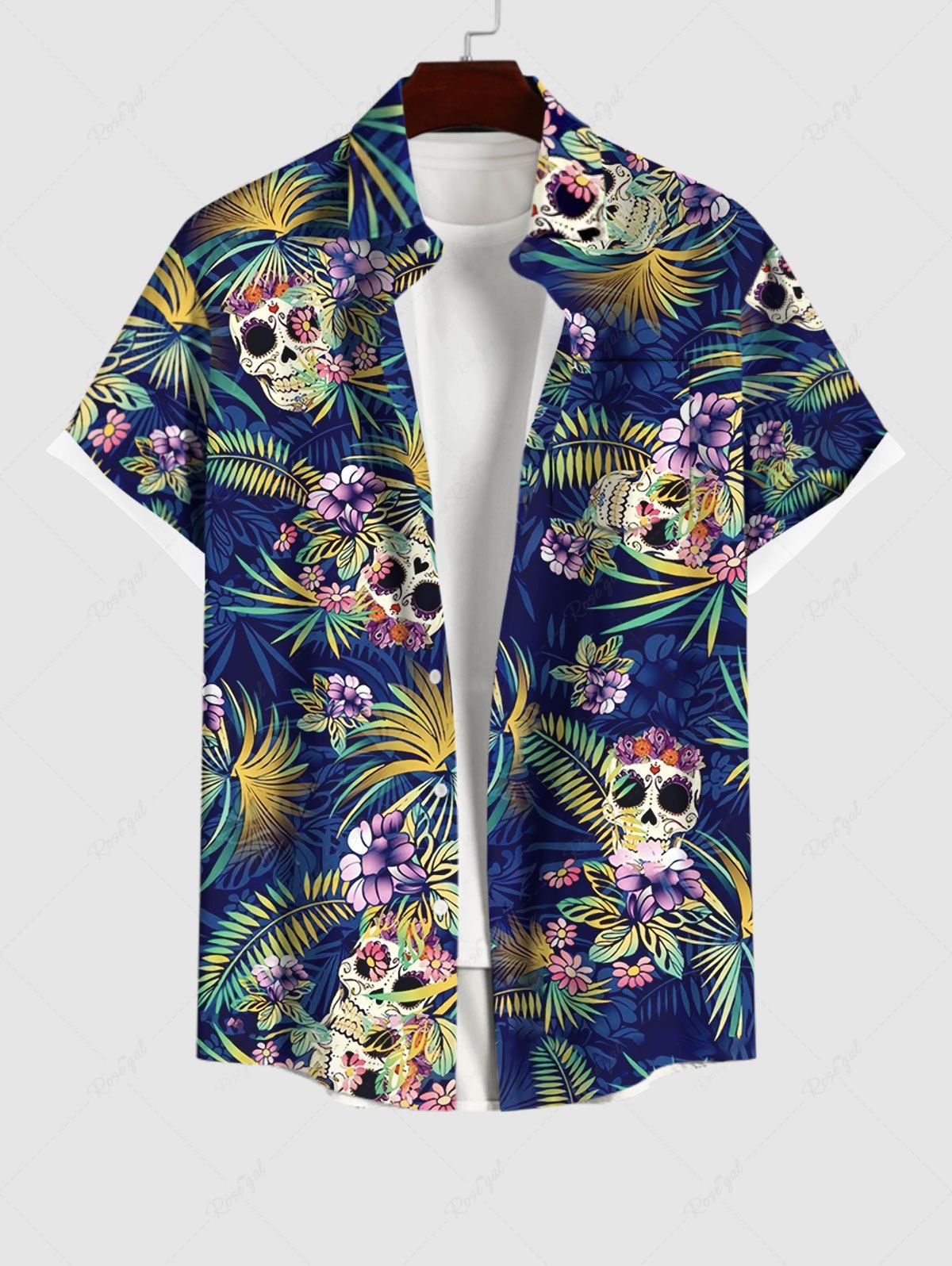 Online Hawaii Plus Size Turn-down Collar Skulls Coconut Tree Leaf Flower Print Button Pocket Shirt For Men  