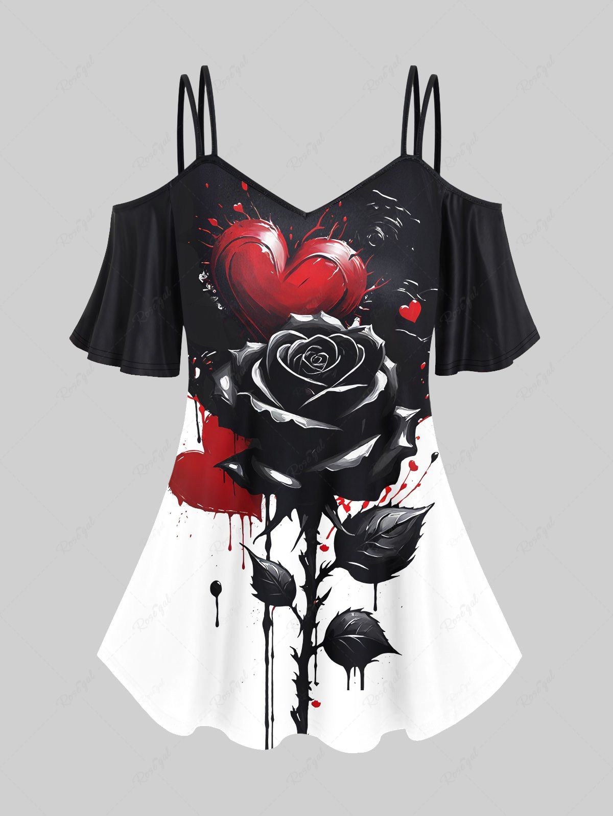 Best Plus Size Paint Dripping Rose Flower Colorblock Print Cold Shoulder T-shirt  