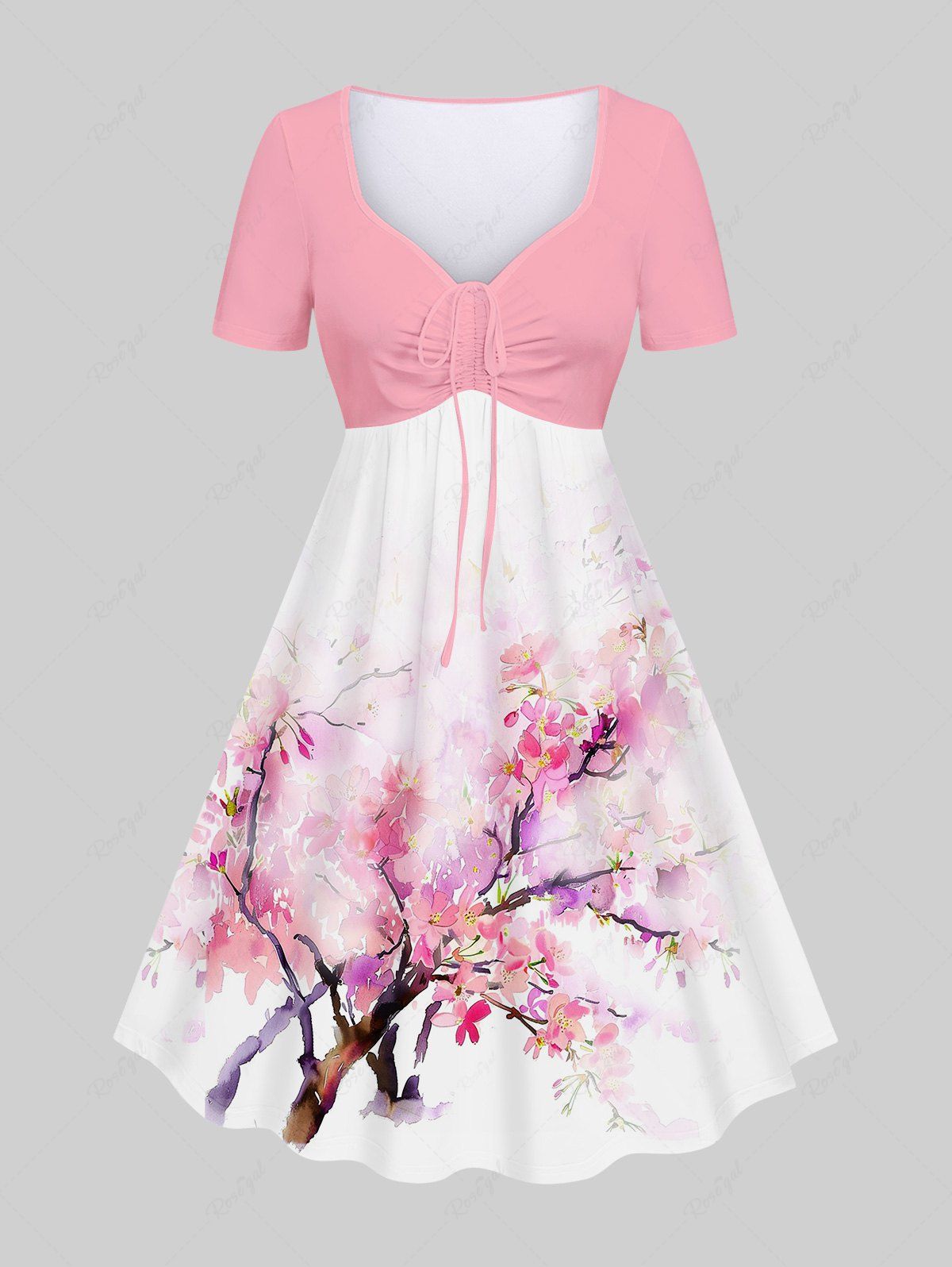 Fashion Hawaii Plus Size Watercolor Peach Blossom Print Cinched A Line Dress  
