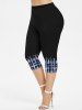 Ink Painting Geometric Plaid Printed Cinched Backless Tank Top and Capri Leggings Plus Size Matching Set -  