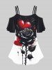 Plus Size Paint Dripping Rose Flower Colorblock Print Cold Shoulder T-shirt -  