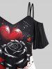 Plus Size Paint Dripping Rose Flower Colorblock Print Cold Shoulder T-shirt -  
