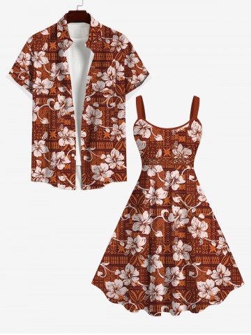Vintage Floral Patternblock Graphic Print Backless Dress and Button Shirt Plus Size Matching Hawaii Beach Outfit - RED