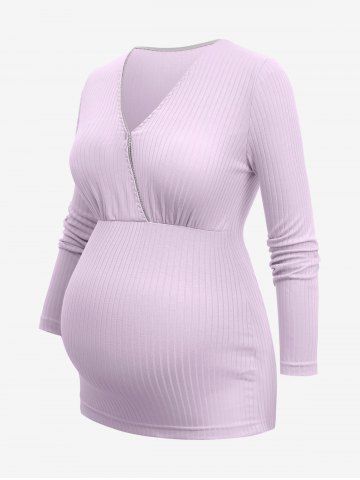 Plus Size Lace Trim Button Surplice Ruched Ribbed Textured Maternity Top - LIGHT PURPLE - M