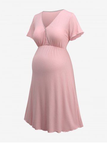 Plus Size Surplice Ruffles Button Ribbed Textured Maternity Dress - LIGHT PINK - L