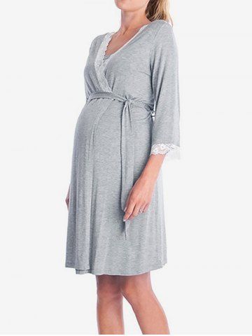 Plus Size Surplice Floral Lace Trim Maternity Nightdress With A Tie Belt - LIGHT GRAY - S