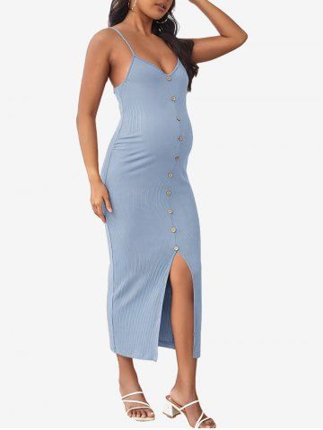 Plus Size Front Split Buttons Fitted Maternity Cami Dress - LIGHT BLUE - S