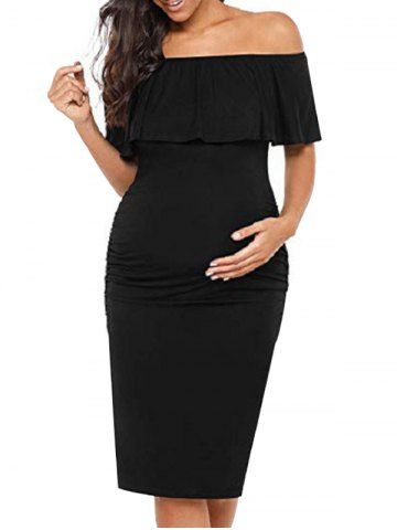 Plus Size Ruched Solid Color Ruffles Bertha Collar Maternity Dress - BLACK - S