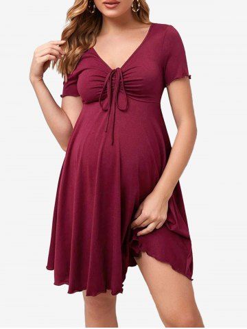 Plus Size Solid Color Cinched Ruffles Maternity Dress - DEEP RED - M