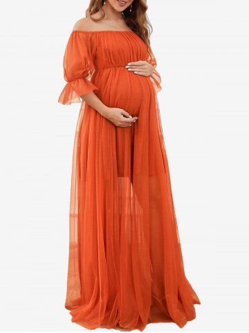 Plus Size Sheer Mesh Layered Ruched Ruffles Sleeve Off The Shoulder Maternity Dress - RED - S