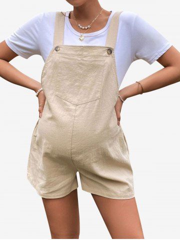 Plus Size Buttons Adjustable Waist Front Pocket Maternity Rompers - BEIGE - S