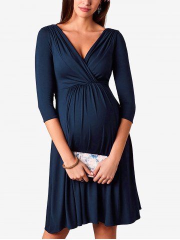 Plus Size Solid Color Surplice Ruched Maternity Dress - BLUE - S