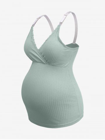 Plus Size Surplice Floral Lace Trim Ribbed Textured Maternity Cami Top - LIGHT GREEN - M
