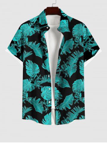 Men's Turn-down Collar Coconut Tree Leaf Print Button Pocket Shirt - BLACK - S