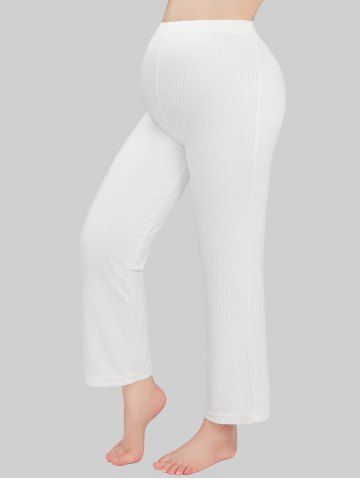 Plus Size Ribbed Textured Solid Color Adjustable Waist Maternity Pants - WHITE - M