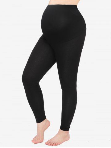 Plus Size Ribbed Textured Patchwork Solid Color Maternity Leggings - BLACK - XL