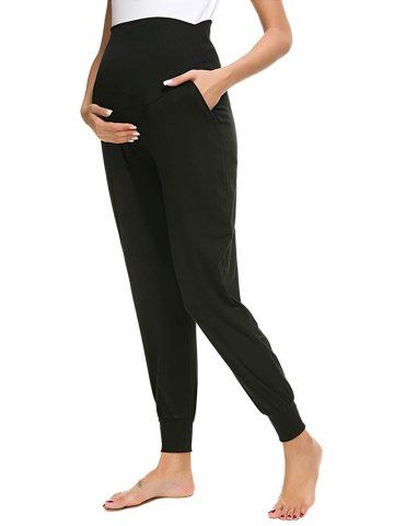 Plus Size Pockets Solid Color Maternity Jogger Pants - BLACK - S