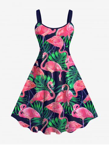 Hawaii Plus Size Flamingo Coconut Tree Leaf Print Backless A Line Tank Dress - MULTI-A - XS