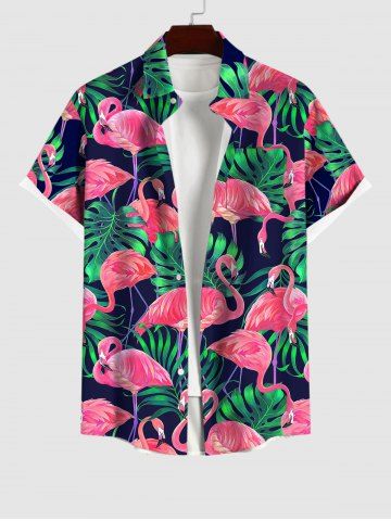 Hawaii Men's Turn-down Collar Coconut Tree Leaf Flamingo Print Button Pocket Shirt