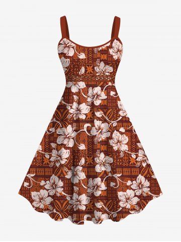 Hawaii Plus Size Vintage Floral Patternblock Graphic Print Backless A Line Tank Dress - RED - M